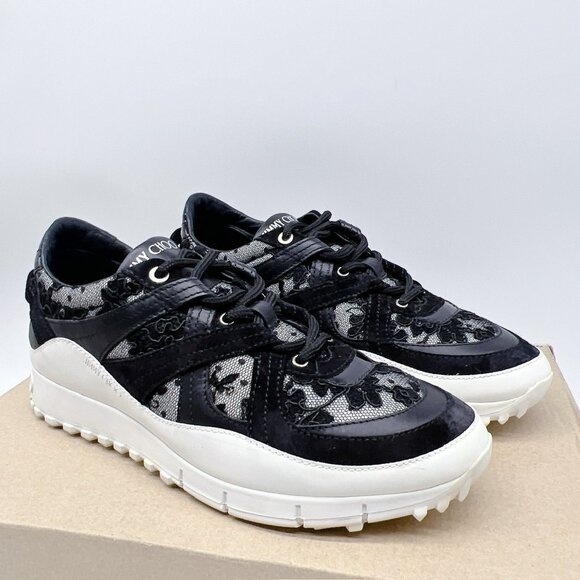 Jimmy Choo Seattle Floral Lace Mesh Trainers Sneaker Black Leather EU 39 US 9 - Picture 1 of 12